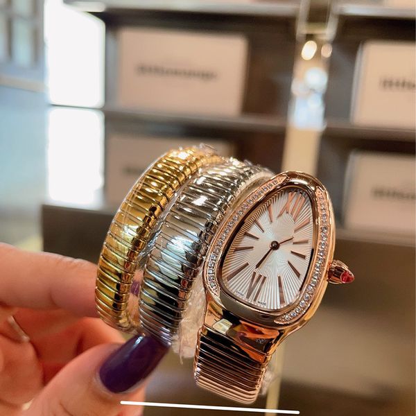 Relógio feminino cobra cabeça três cores relógio de quartzo alta qualidade cobra banda aço três anel relógio luxo diamante designer relógio