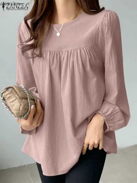 Damenblusen Hemden Zanzea Herbst Mody Mody Solid Color Hemd Frauen Vollhülle O-Neck abgestimmt Top Korean Elegantes Freizeithemd Lose Arbeit ol Blusasl2405