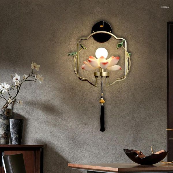 Wandleuchte, traditionelle chinesische Lampen, moderne Heimdekoration, Wohnzimmer, Schlafzimmer, Lotus-Beleuchtung, Harzgürtel, Fernbedienung, Dimmen