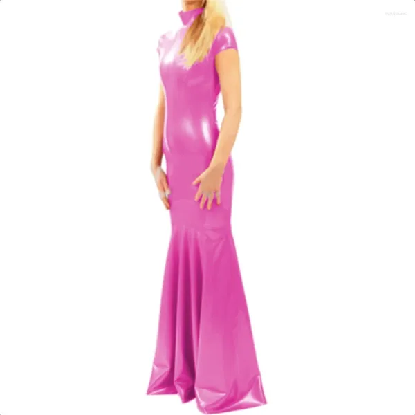 Abiti da festa Abito sexy in ecopelle artificiale in PVC Donna Solido Elegante Lungo Moda femminile Aderente Collo alto Manica corta