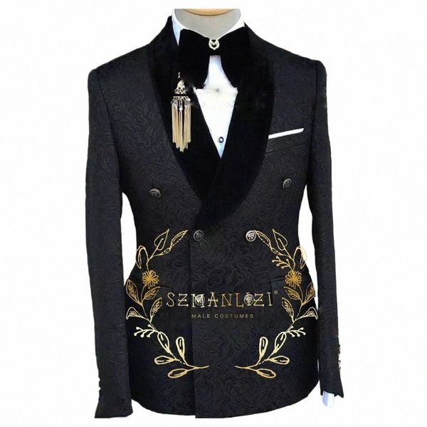 Double Breasted One Piece Preto Floral Jaqueta Homens Terno Jacquard Blazer Slim Fit Busin Formal Party Evening / Prom Wedding Coat p2HN #