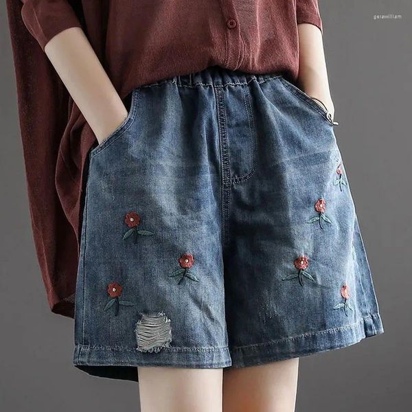 Shorts femininos flor impressão verão bolsos jeans calças finas elásticas cintura alta losse calças jeans femininas casual 2024 f149