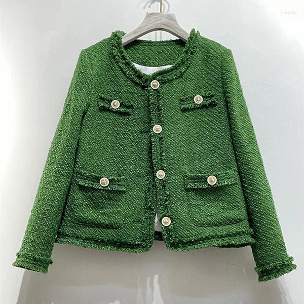 Giacche da donna Eleganti Capispalla in tweed da donna Primavera Vintage Verde Nappa Perla Monopetto Tessuto Giacca allentata Cappotto di alta qualità