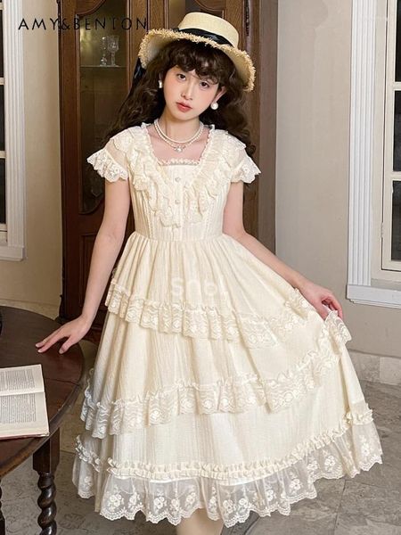 Vestidos casuais original elegante suave diário lolita vestido para mulheres doce bonito laço v-pescoço magro multi-camada verão princesa