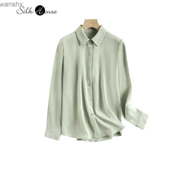 Camicette da donna Camicie 2024 Moda donna Primavera Nuovo 26MM Pesante 93% Seta di gelso naturale Polo Collana Grigio Verde Paradigma Camicia a maniche lungheL240328