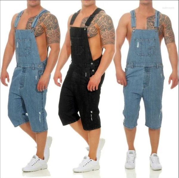 Herren Jeans Arbeitskleidung Cargo Short Denim Latzhose High Street Zerrissene Overalls Distressed Hosenträgershorts