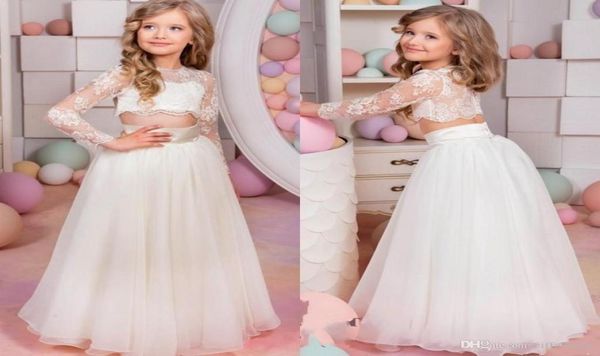 Güzel Çocuklar Pageant Elbiseler Seksi Sheer Sheer Dantel Aplike Mücevher Boyun İllüzyon Uzun Kollu İki Parça Bir Tül Tül Küçük Kız Prom Dres8618680