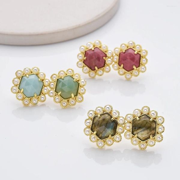 Stud Küpe Borosa Yuvarlak İnci Kadınlar İçin Ayarlanabilir Yüzük Kızlar Doğal Ametist Emeralds Rhodochrosite Labradorit Pembe Kuvars Takılar