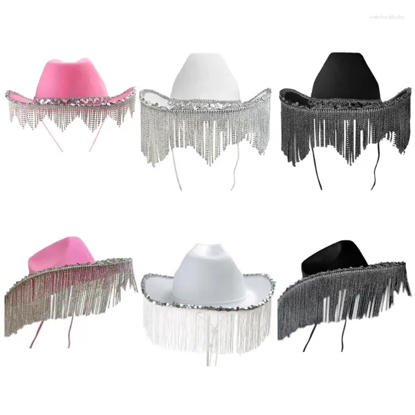 Berretti Cappello da cowgirl Paillettes Strass Frange Cappelli glitterati per Halloween Dress Up Cosplay Accessori per costumi da festa