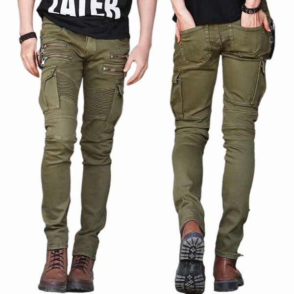 Männer Jeans Green Denim Biker Jeans Skinny New Runway Distred Slim Elastic Homme Hip Hop Military Motorrad Cargo Hosen P1Fu #