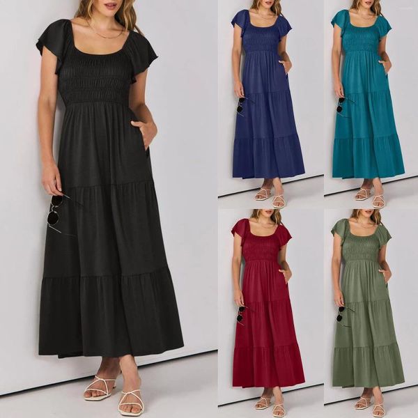 Casual Kleider Frauen Sommer Maxi Kleid Kurzarm V-ausschnitt Plissee Elastische Taille Tiered A Linie Elegante Damen Solide