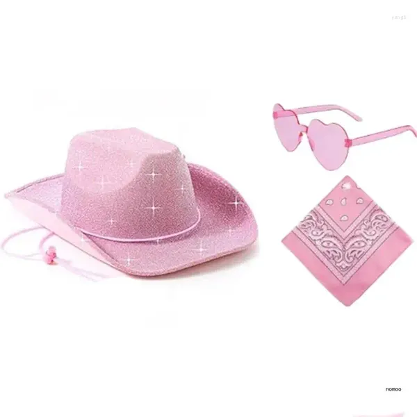 Beretti Cosplay Cappello da cowboy per femmina Western largo brim top kerchief sciarf cesti occhiali da sole da sole da sole da ballo