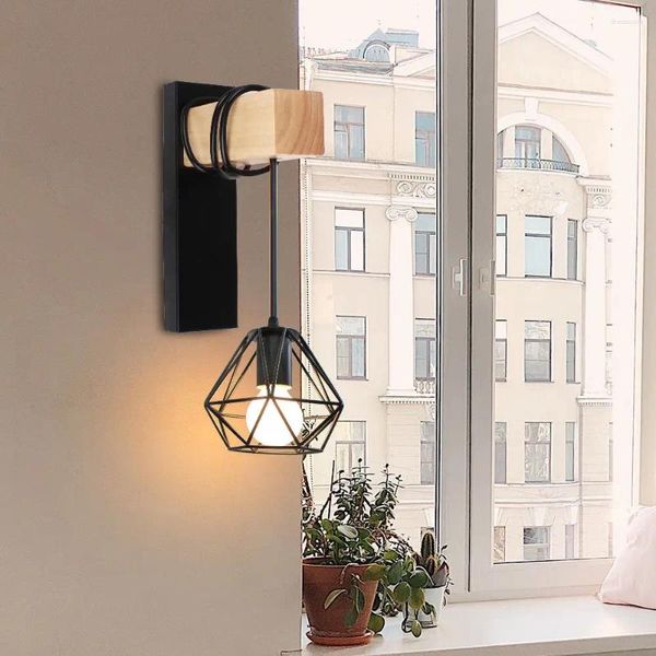 Wandleuchte Vintage Holz Licht E27 LED verstellbare Industrieleuchte Rustikaler Draht Metallkäfig Retro Nachttischlampen Beleuchtung