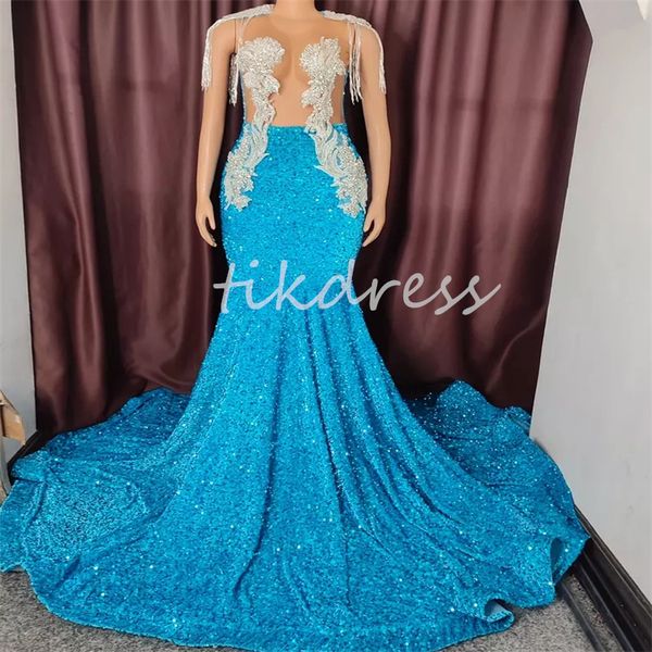 Luxo azul lantejoulas vestidos de baile com strass cristal brilhante sereia vestido de noite 2024 com borla o pescoço plus size brilho vestido formal elegante aniversário menina negra