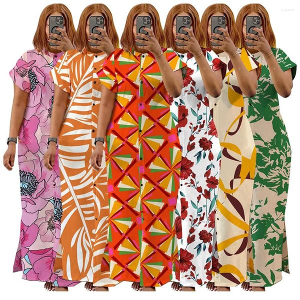 Abbigliamento etnico Maxi abiti africani per donna Dashiki Abiti tradizionali africani nigeriani Abito a camicia con spacco lungo stampato a maniche corte