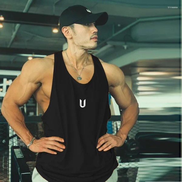 Erkek tank üstleri erkekler üst fitness singlet kolsuz gömlek egzersiz yüksek esneklik ve yakın montaj şekillendirme yeleği adam fanil