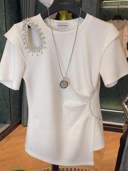 Camiseta feminina de algodão, camiseta casual da moda, branca, vazada, temperamento de diamante, túnica, roupas de verão 2024