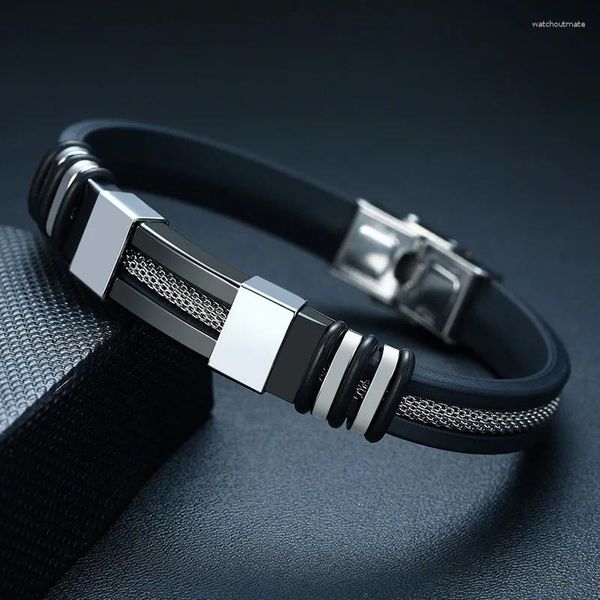 Charme pulseiras pulseira de silicone titânio aço masculino pulseira preto sulco leme malha link inserção punk ajustável moda giveaway
