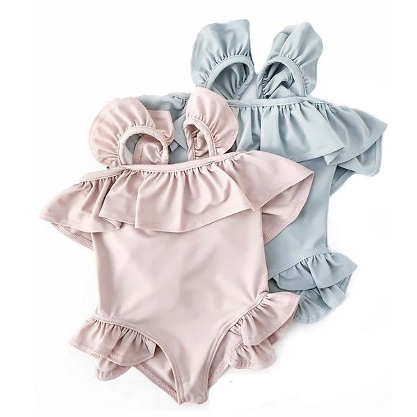 Sommer One Piece Bademode Baby Mädchen Candy Farbe Strap Badeanzug Kleinkind Kind Rüschen Badeanzug Kinder Urlaub Strand Tragen 240326