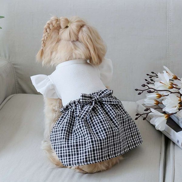 Saia xadrez princesa para cachorro – vestido tutu universal para animais de estimação de quatro estações com laço