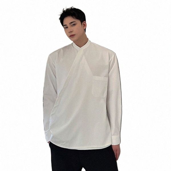 Мужская косая планка Япония Корейская уличная одежда Fi Стенд с воротником Lg рукавом Свободная повседневная черно-белая рубашка Мужские рубашки Dr 12ob #
