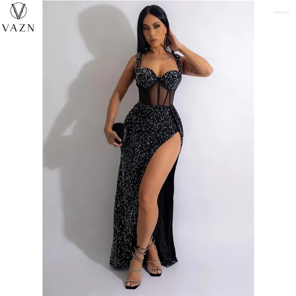 Vestidos casuais vazn 2024 lantejoulas garfo aberto vestido sem mangas cor pura até o chão moda sexy clube festa estilo longo