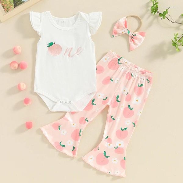 Kleidungssets Baby Mädchen Geburtstag Outfit Pfirsich Stickerei Strampler und Schlaghose Stirnband 3 Stück 1. Geschenke Sommerkleidung