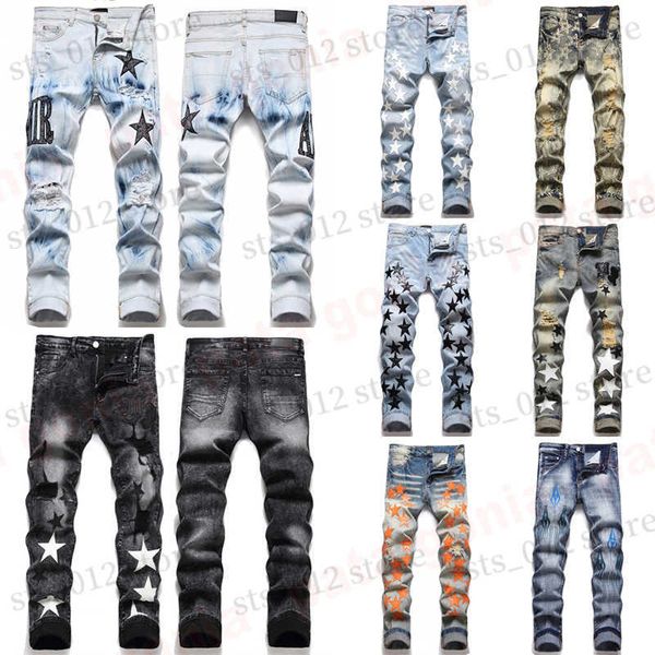 Jeans da uomo Jeans firmati da uomo Moda Stile europeo americano Jean Hombre Lettera Stella Ricamo Pantaloni Patchwork Strappato per pantaloni da moto Uomo Skinny T240327