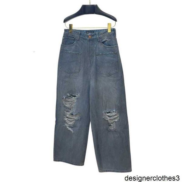 Designer versão correta B família 23SS bolso perfurado invertido jeans de perna reta ajuste solto para homens e mulheres 9OEW