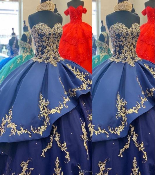 2021 Королевское синее бальное платье Quinceanera Платья Милая кружевная аппликация Вышивка из бисера Атласная многоуровневая Sweet 16 Custom Party Dress3413015