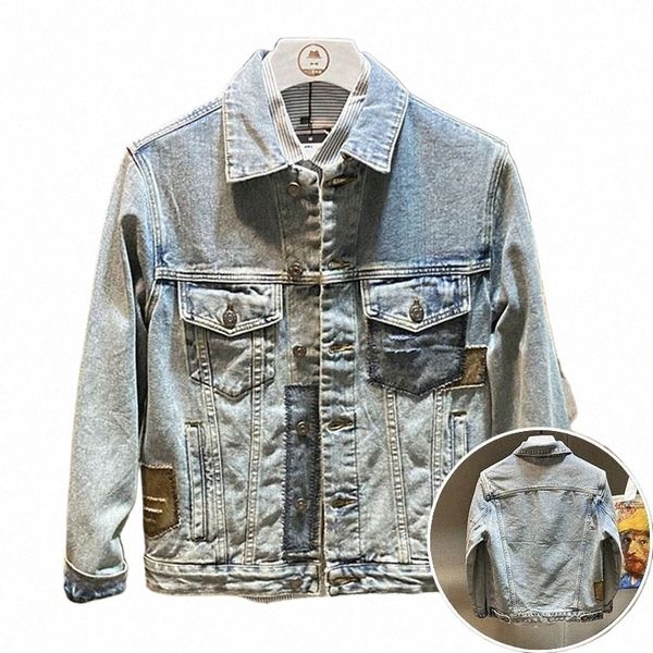 Hellblau Patch Denim Jacke für Männer im Frühjahr und Herbst Europäische und amerikanische Straße Lose großer Cott Top für Männer u1ex#