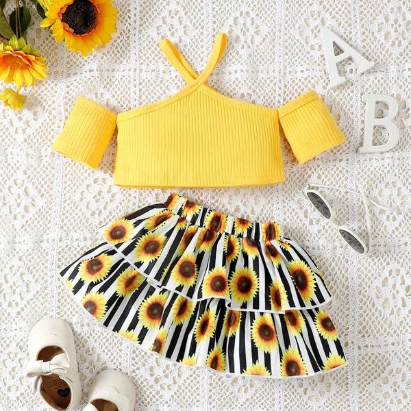 Set di abbigliamento 2 pezzi Vestiti per bambina per bambina Set con spalle scoperte Top a maniche corte Gonna con stampa girasole Abito estivo per neonato