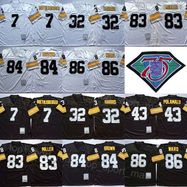 1975 Retro Football 7 Ben Roethlisberger Jersey 43 Troy Polamalu 83 Heath Miller 84 Antonio Brown 86 Hines Ward 32 Franco Harris Vintage Black White Stitched Team