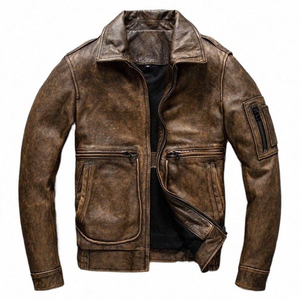 Neue Top Layer Rindsleder Retro Leder Herren Kurz Braun Old-Fied Motorradanzug Revers Motorrad Lederjacke Fi K0tg #