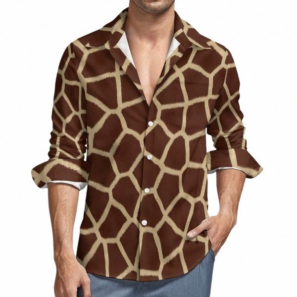 Marrone Giraffa Camicia da uomo Animal Print Camicie casual Autunno Camicette estetiche Lg Sleeve Fi Oversize Tops Regalo di compleanno y5Tj #