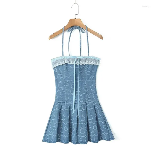 Повседневные платья YENKYE, джинсовое жаккардовое платье без бретелек с кружевной отделкой, женское летнее мини-милый халат