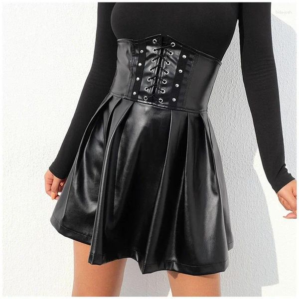 Saias cintura alta lace up pu saia plissada moda ajustável mulheres 2024 preto cor sólida goth sexy back zíper couro mini