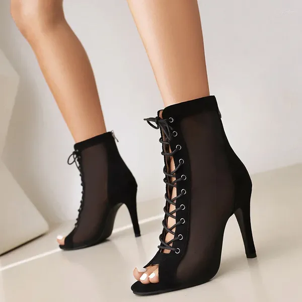 Sapatos de dança latina mulheres sexy stilettos preto salsa malha botas mulher meninas pólo festa salão de baile saltos altos