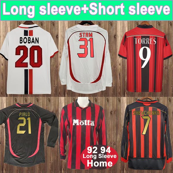 03 04 INZAGHI RUI COSTA VIERI Manga Longa Retro Camisas de Futebol 06 07 SHEVCHENKO PIRLO NESTA GATTUSO MALDINI Home Away 3ª Camisas de Futebol