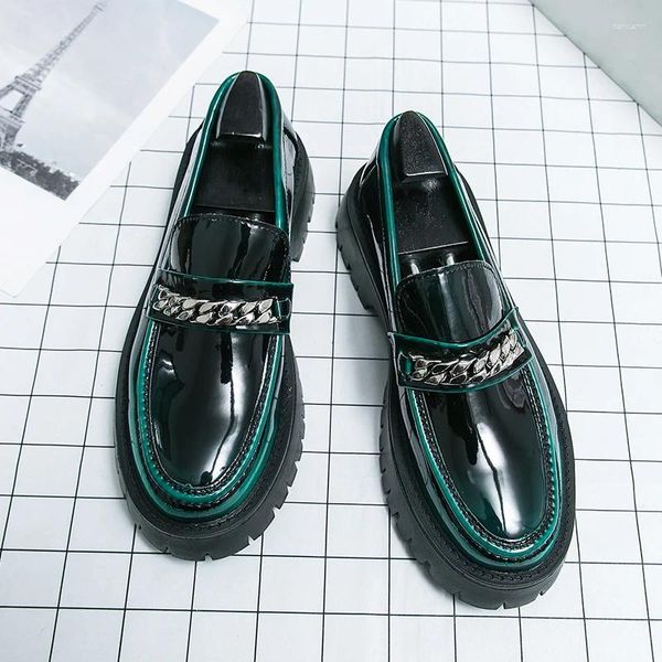 Sapatos casuais tamanho grande moda masculina couro envernizado deslizamento em sapato de condução preto verde verão mocassins festa de casamento calçado plataforma masculino