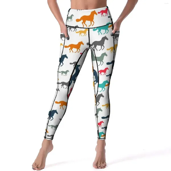 Damen-Leggings, bunte Pferde, sexy Cartoon-Pferdemuster, Workout-Yogahose, hohe Taille, Stretch-Sportstrumpfhose mit Taschen