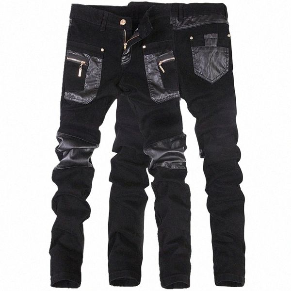 nuovi pantaloni di pelle da uomo Fi patchwork casual skinny jeans da moto da uomo pantaloni slim da uomo di alta qualità jeans taglia 28-36 z5mj #