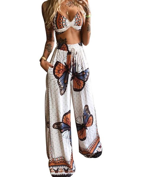 Women039s Zweiteilige Hose 2 Pecs Anzug Sommer-Trainingsanzug-Sets Damen-Outfits Boho-Strand-Stil Druckunterwäsche Loses, weites Bein Fema2707076