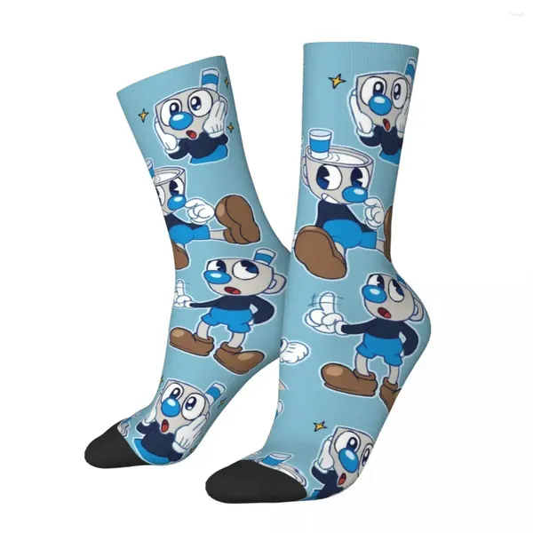 Erkek Socks Fashion Cuphead ve Mugman Basketbol Retro Oyunları Unisex Slip için Polyester Crew