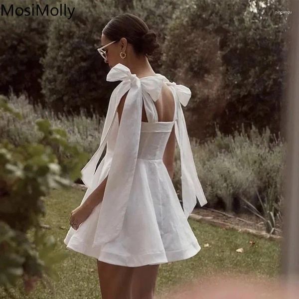 Повседневные платья Хлопковое платье Белое женское платье для летних каникул Свидание с милым бантом на ленте Мини во французском стиле