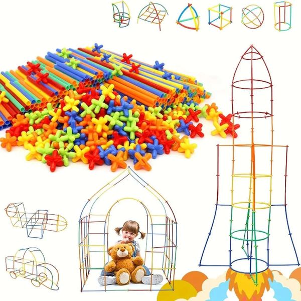 Neue STEM Bau 100 Stück Kreative Stroh Indoor Outdoor Kunststoff Bausteine Montessori Pädagogisches Spielzeug Für Kinder