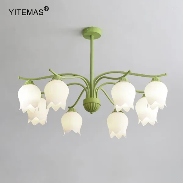 Lustres nórdicos lustre de teto verde com flor branca sombra de vidro para quarto 6 luzes cozinha sala de estar loft moderno