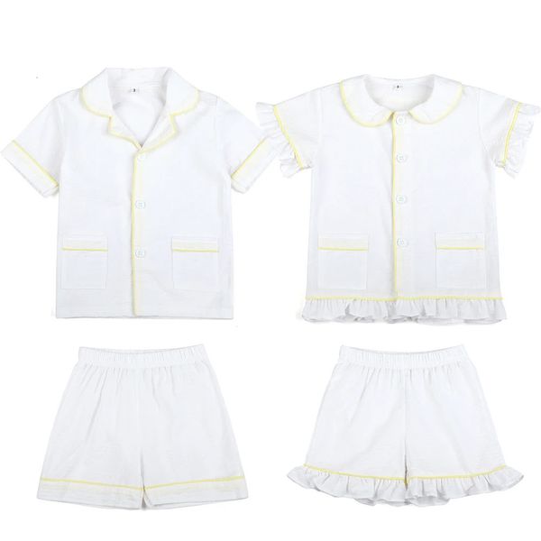Летняя одежда для малышей, белый хлопковый комплект из 100% хлопка с короткими рукавами, детский пижамный комплект, одинаковые пижамы для мальчиков и девочек с рюшами для братьев и сестер 240314