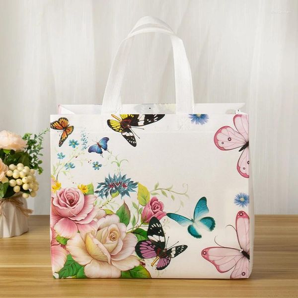 Einkaufstaschen Mode Blume Schmetterling Print Tasche Tote Vliesstoff Öko Handtasche Reise Lebensmittel Faltbar Kleidung Verpackung