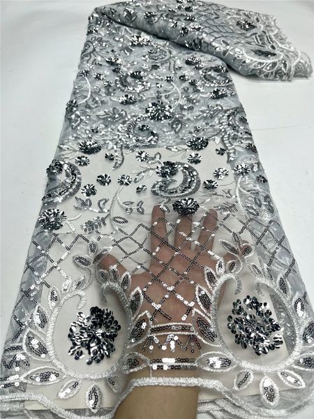 Tessuto africano del pizzo argento Moda di alta qualità Nigeria Paillettes Tulle francese ricamato per il matrimonio nigeriano 240320